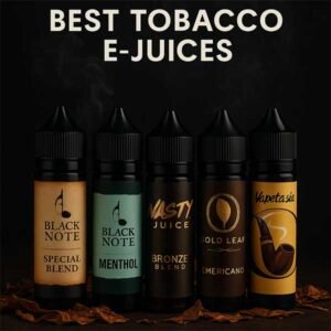 تصویر بطری‌های جویس تنباکویی شامل بلک نوت، نستی، گلد لیف و ویپتاسیا با پس زمینه دود و برگ تنباکو