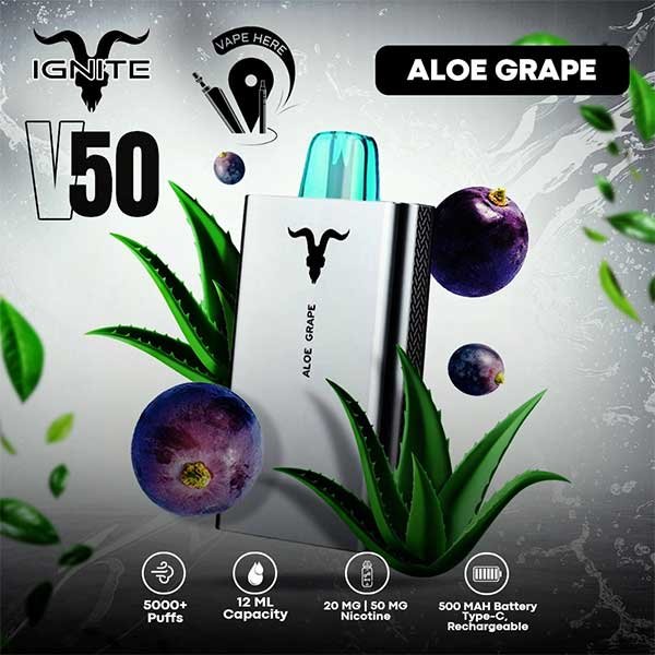 پاد یکبار مصرف آلوئه‌ورا انگور ایگنایت ۵۰۰۰ پاف Ignite V50 Aloe Grape 5000 Disposable