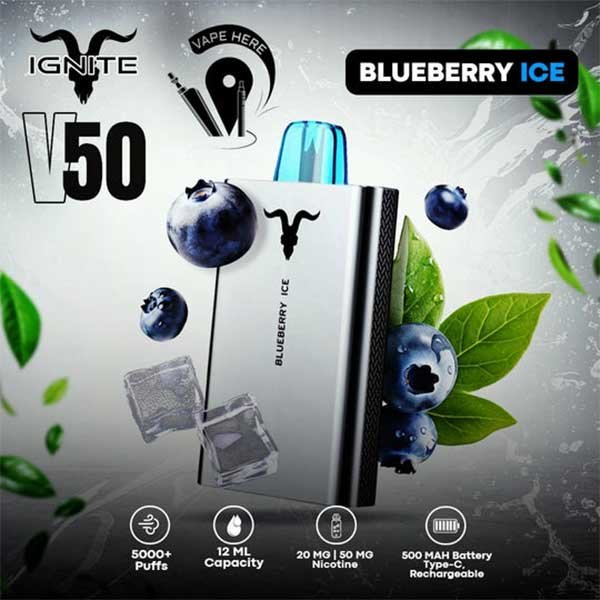 پاد یکبار مصرف بلوبری یخ ایگنایت ۵۰۰۰ پاف Ignite V50 Blueberry Ice 5000 Disposable
