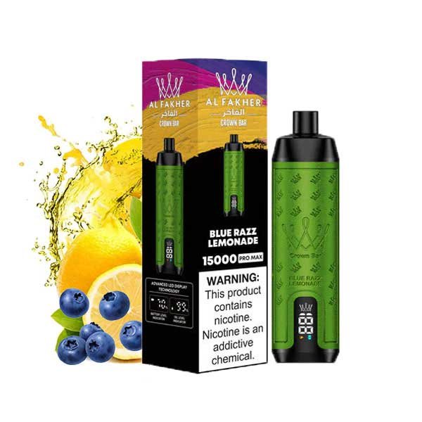ویپ یکبار مصرف تمشک آبی لیموناد بلوبری ۱۵۰۰۰ پاف کرون بار الفاخر Crown Bar Al Fakher 15000 Blue  Blue Razz Lemonade ویپ یکبار مصرف تمشک آبی لیموناد بلوبری ۱۵۰۰۰ پاف کرون بار الفاخر Crown Bar Al Fakher 15000 Blue  Blue Razz Lemonade