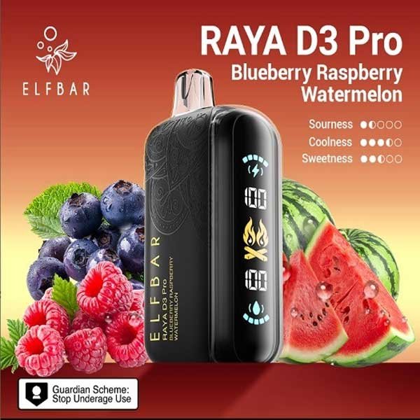 پاد یکبار مصرف الف بار رایا دی ۳ پرو بلوبری رزبری هندوانه ۳۰۰۰۰ پاف Elf Bar Raya D3 Pro Blueberry Raspberry Watermelon 30000 Puffs