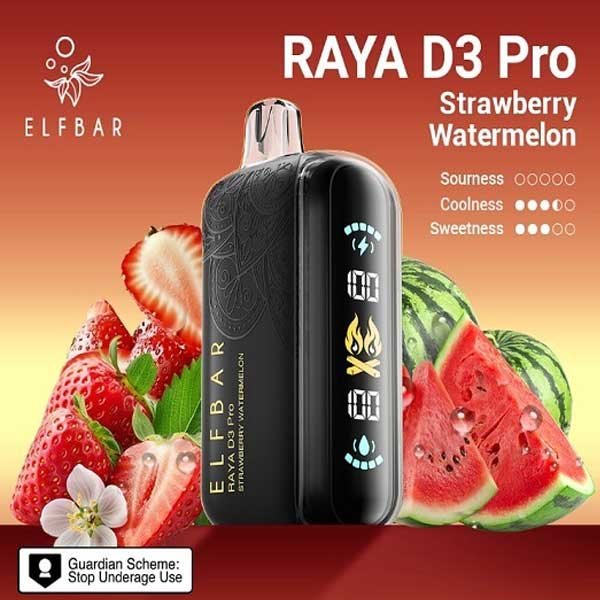 پاد یکبار مصرف الف بار رایا دی ۳ پرو توت فرنگی هندوانه ۳۰۰۰۰ پاف Elf Bar Raya D3 Pro Strawberry Watermelon 30000 Puffs